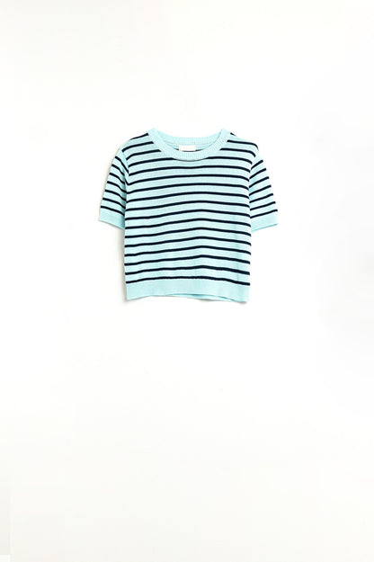 Camisola Crop Verde Menta com Riscas Azul Marinho