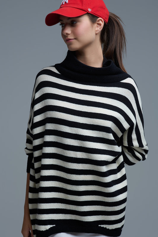 Q2 Camisola de gola alta com asas de morcego e riscas em preto e branco