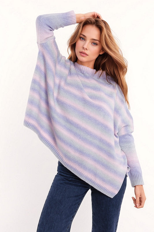 Q2 Camisola de gola alta de grandes dimensões multicolorida em tons de roxo com fendas laterais