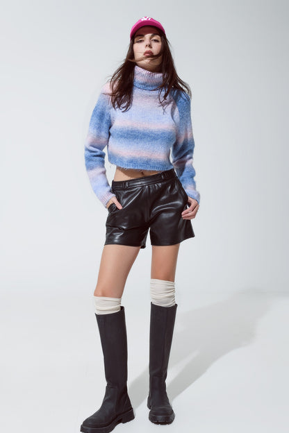 Camisola de gola alta em malha fofa em azul e rosa Degrade