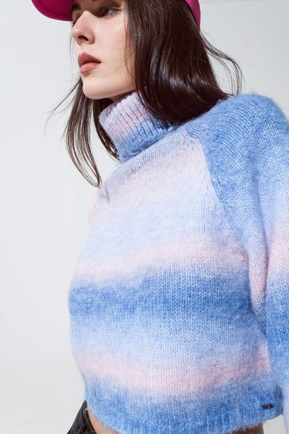 Camisola de gola alta em malha fofa em azul e rosa Degrade