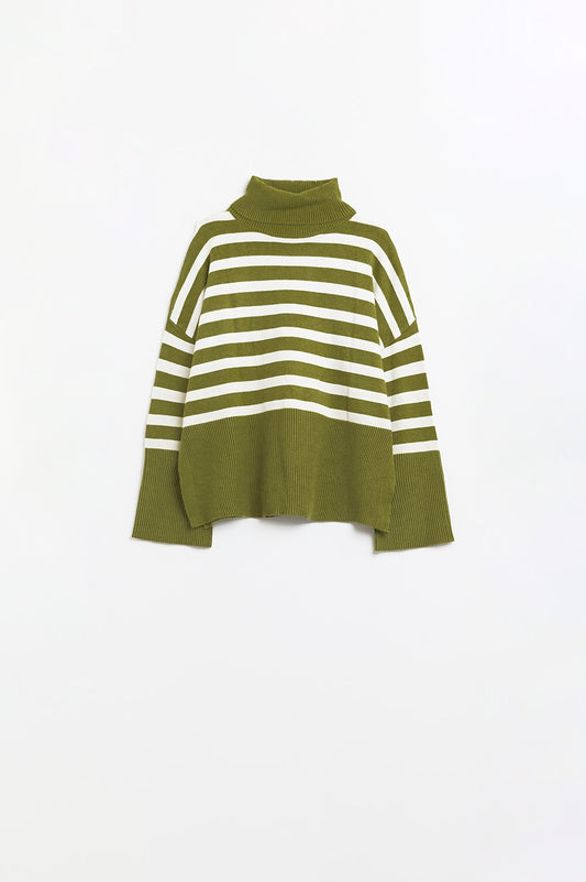 Q2 Camisola de gola alta verde com ris