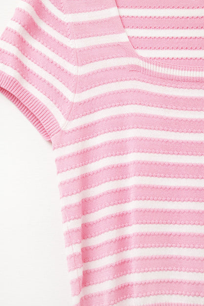 Camisola de gola quadrada às riscas em rosa e branco