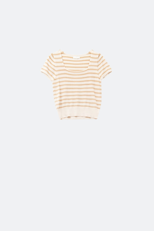 Q2 Camisola de gola quadrada com riscas em bege e camel