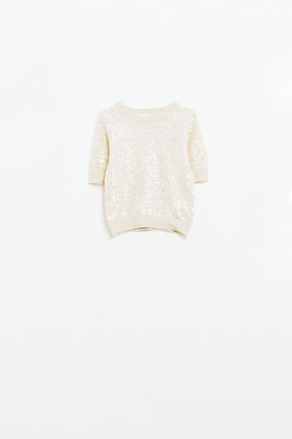 Camisola de lantejoulas de manga curta em creme
