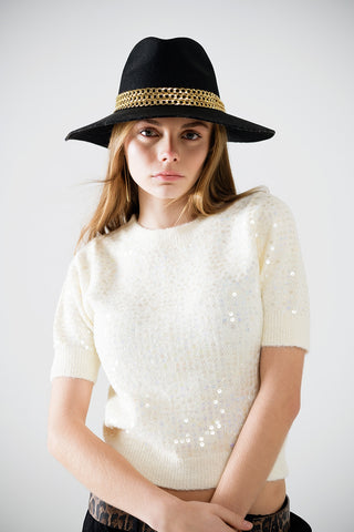 Camisola de lantejoulas de manga curta em creme