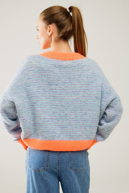 Camisola de malha azul-clara/laranja de grandes dimensões