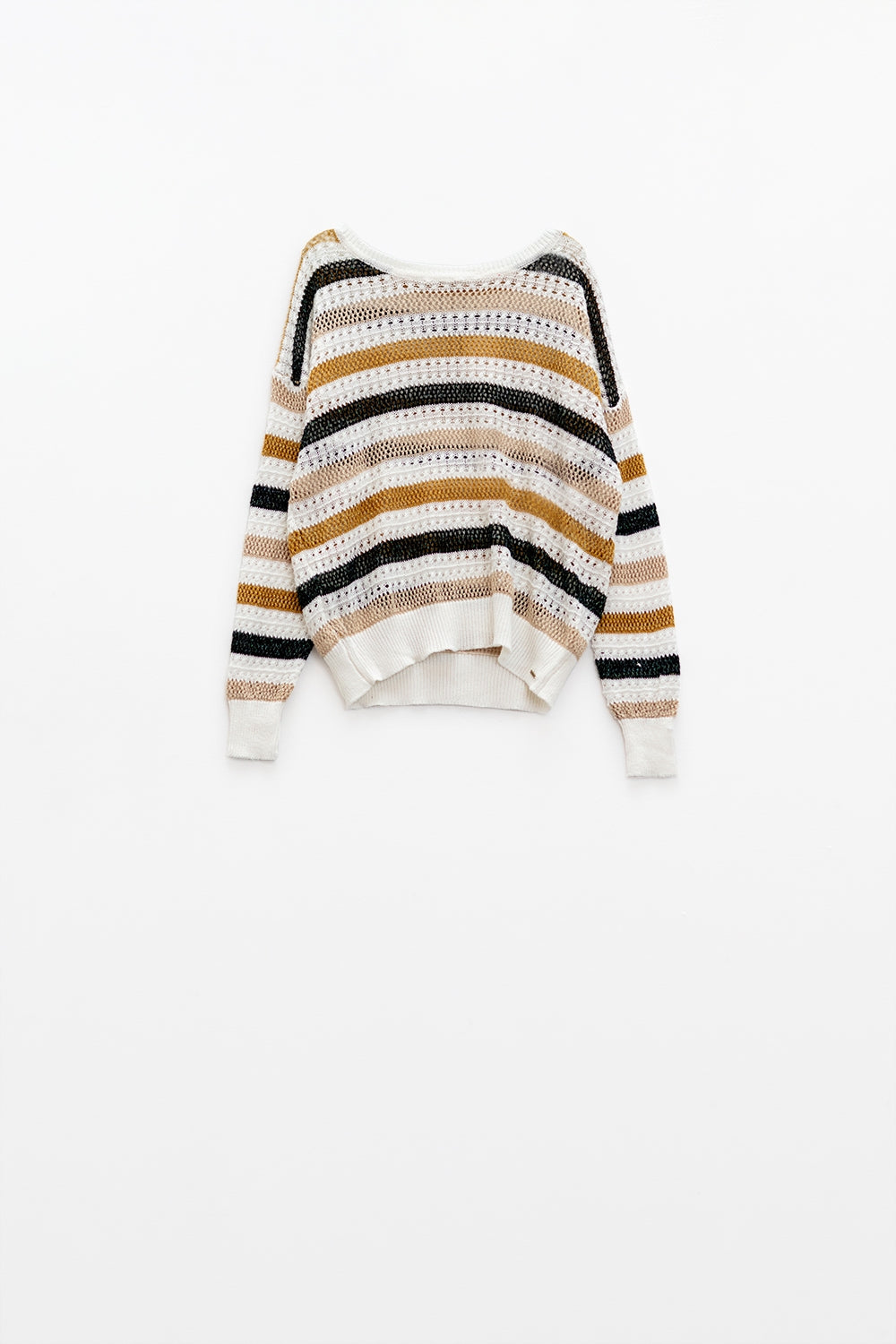 Camisola de malha branca com riscos multicoloridas