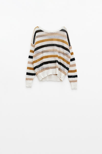 Camisola de malha branca com riscos multicoloridas