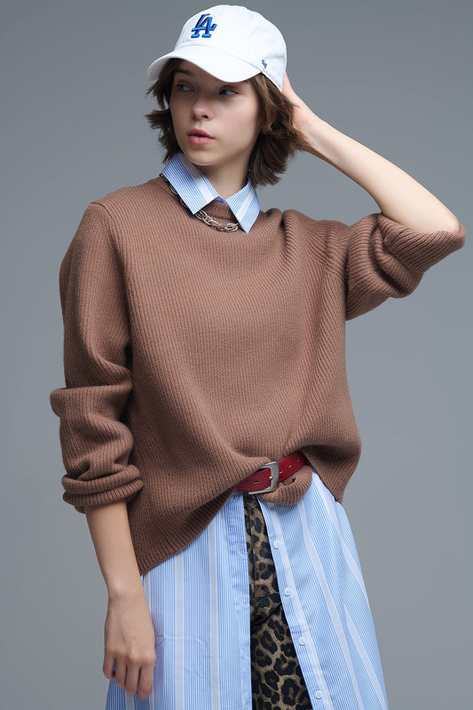 Q2 Camisola de malha canelada confortável em camel