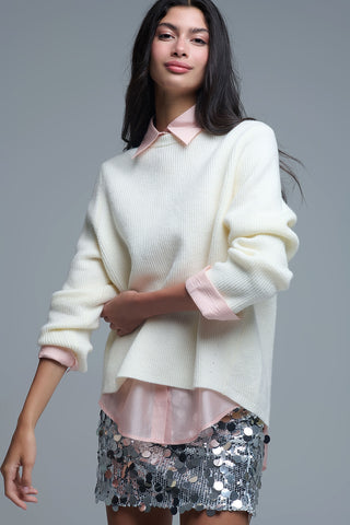 Camisola de malha canelada confortável em creme