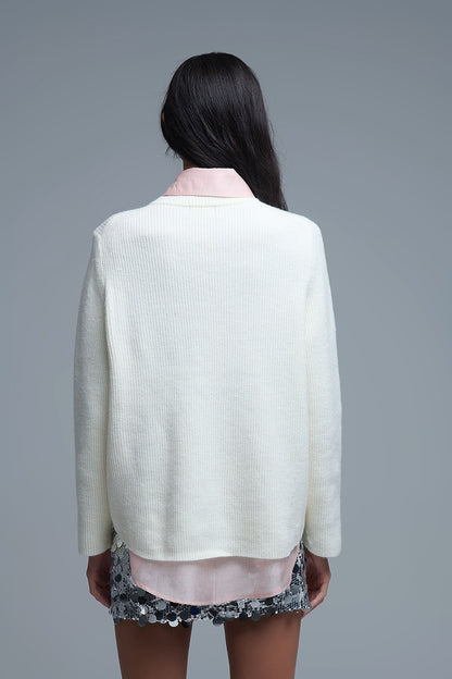 Camisola de malha canelada confortável em creme