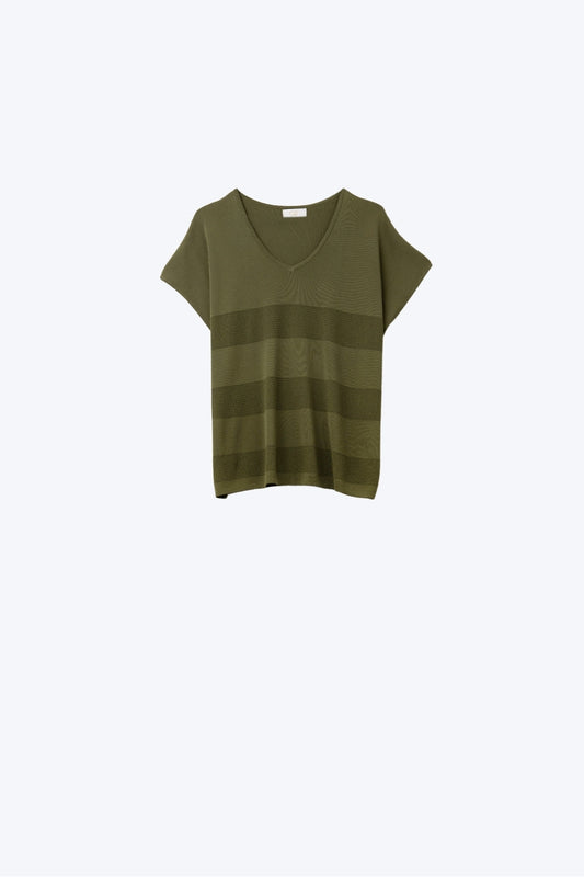 Q2 Camisola de malha cáqui com decote em V e pormenor de ponto aberto
