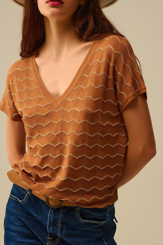 Q2 Camisola de malha com decote em V em ziguezague e mangas descaídas em castanho
