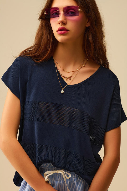 Q2 Camisola de malha com riscas azul-marinho