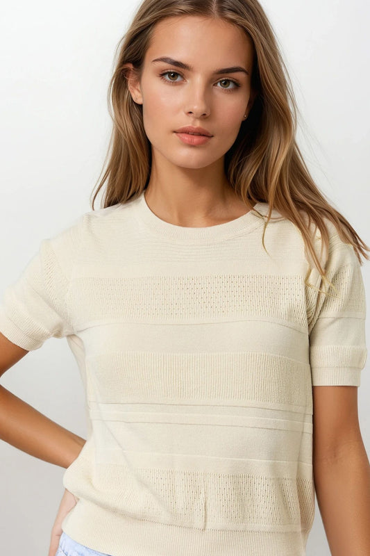 Q2 Camisola de malha com riscas texturadas em bege