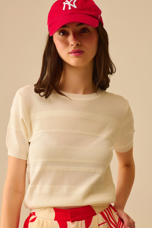 Q2 Camisola de malha com riscas texturadas em branco