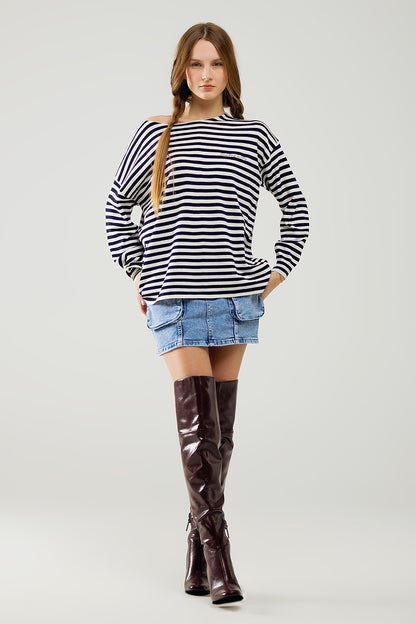camisola de malha fina às riscas azul-marinho com gola redonda
