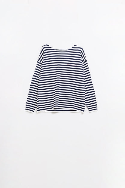 camisola de malha fina às riscas azul-marinho com gola redonda