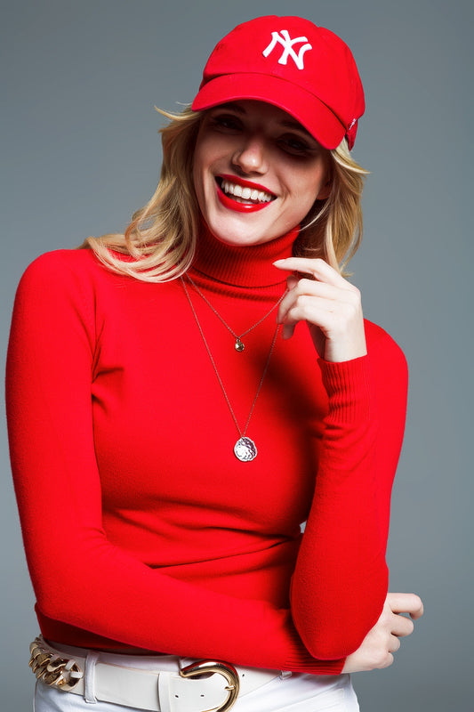 Q2 Camisola de malha fina com gola alta em vermelho
