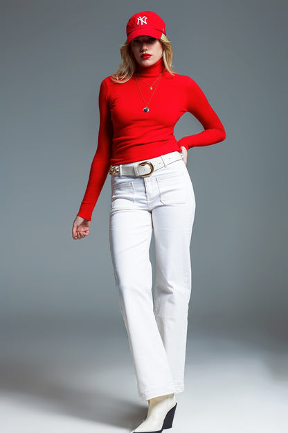 Camisola de malha fina com gola alta em vermelho
