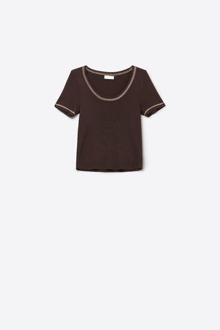 Camisola de malha fina Em castanho Com costura prateada no pescoço redondo
