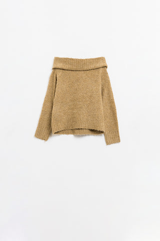 camisola de malha fofa com gola redonda em bege