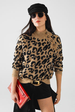 Camisola de malha leopardo com botões de lado