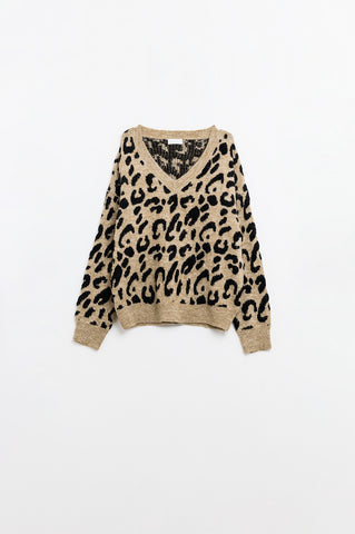 Camisola de malha macia com decote em V e estampado de leopardo