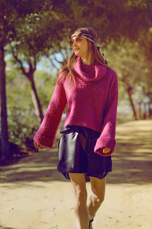 Q2 camisola de malha macia com gola alta em cor fucsia
