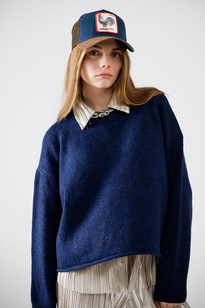 Q2 Camisola de malha macia em azul-marinho com