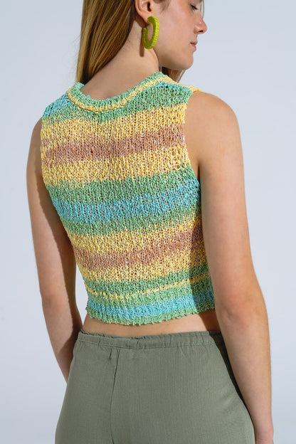 Camisola de malha multicolor sem mangas com riscas e decotes em gola redonda