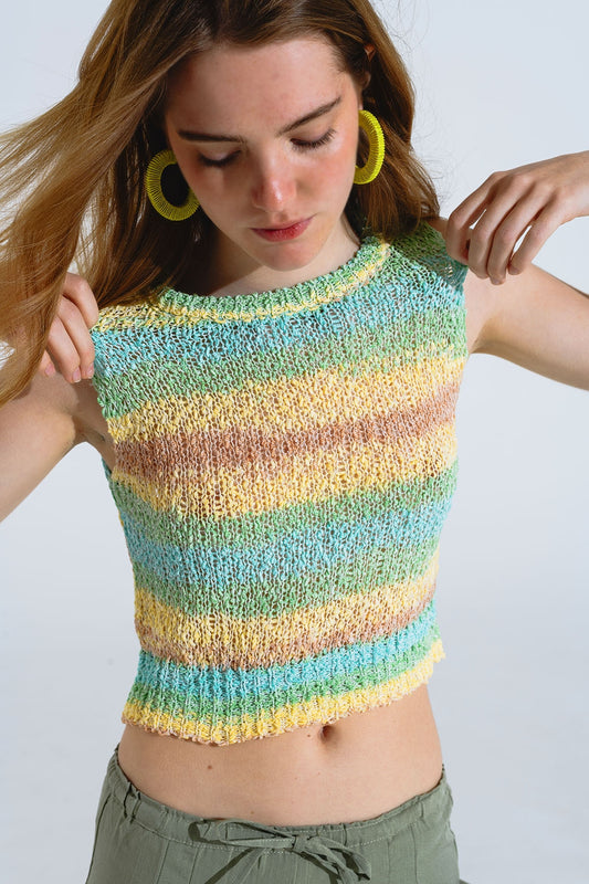 Q2 Camisola de malha multicolor sem mangas com riscas e decote em gola redonda