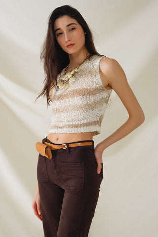 Camisola de malha Tints of Beige sem mangas com riscas e decotes em gola redonda
