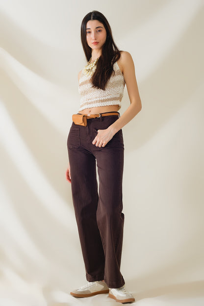 Camisola de malha Tints of Beige sem mangas com riscas e decotes em gola redonda