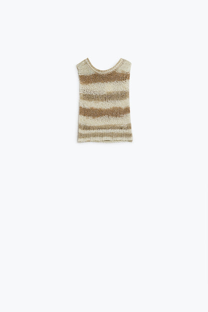 Camisola de malha Tints of Beige sem mangas com riscas e decotes em gola redonda