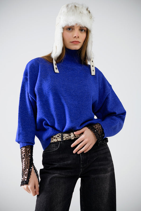 Q2 camisola de malha volumosa em azul com gola alta