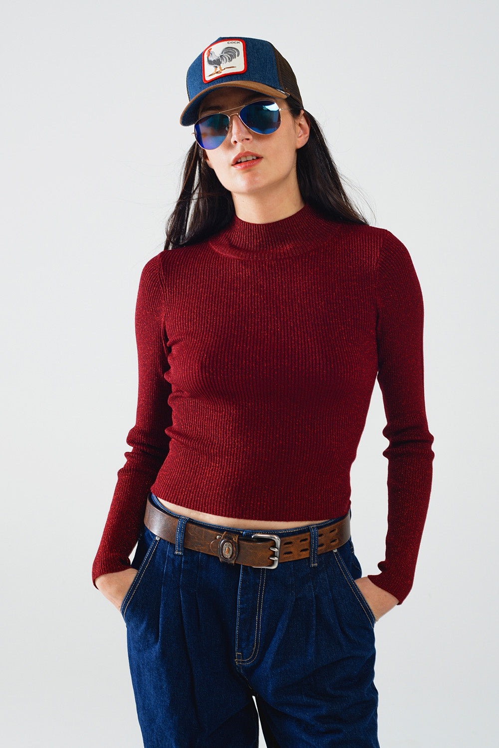 Q2 Camisola de manga comprida com gola alta e glitter
