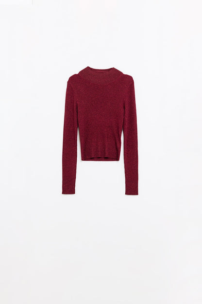 Camisola de manga comprida com gola alta e glitter vermelho brilhante