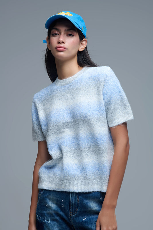 Q2 Camisola de manga curta às riscas Ombré em azul