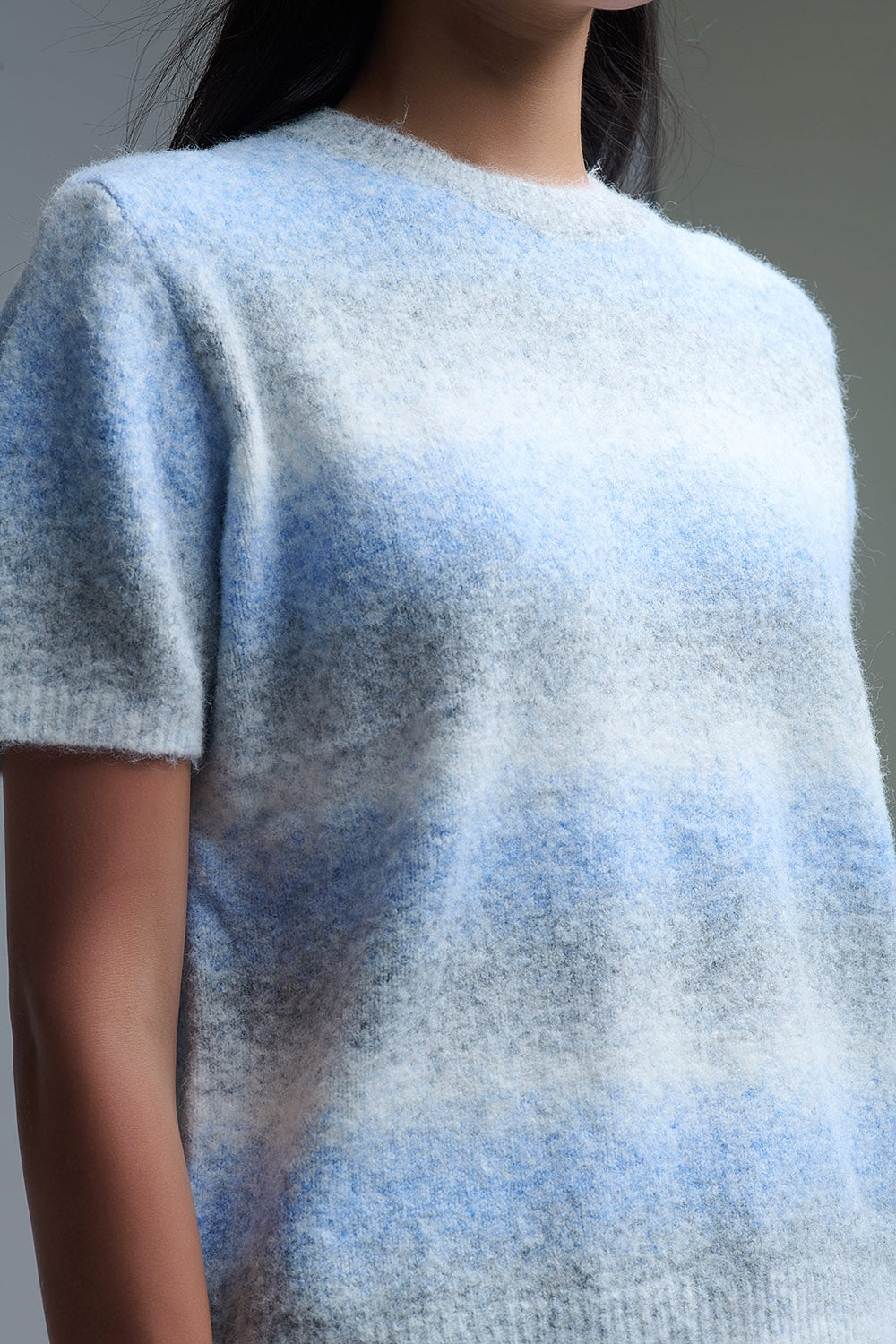 Camisola de manga curta às riscas Ombré em azul