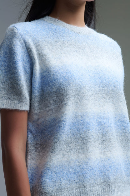 Camisola de manga curta às riscas Ombré em azul