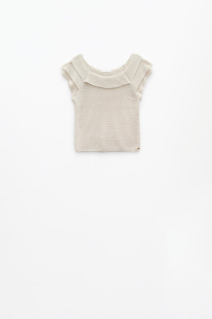 Camisola de manga curta com decote à barco em creme