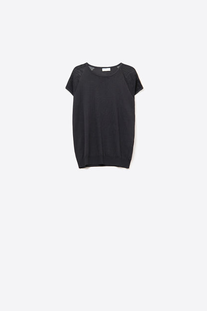 Q2 Camisola de manga curta com nervuras preta e malha no ombro