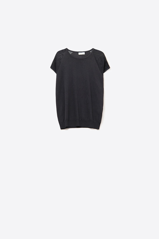 Q2 Camisola de manga curta com nervuras preta e malha no ombro