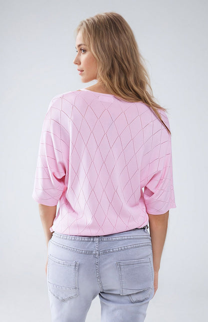 Camisola de manga curta rosa claro com padrão Argyle