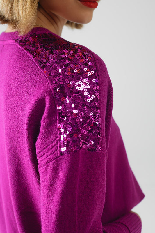 Q2 Camisola de mangas compridas fuchsia com lantejoul