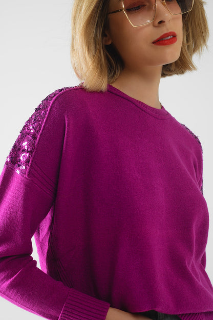Camisola de mangas compridas fúcsia com lantejoulas nos ombros