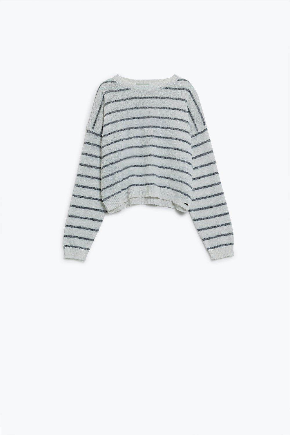 Camisola de ombros caídos em branco com riscos cinzentas