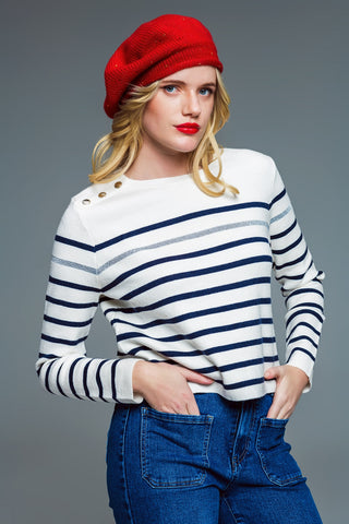 Camisola de riscos estilo marinho com detalhes de botões no ombro